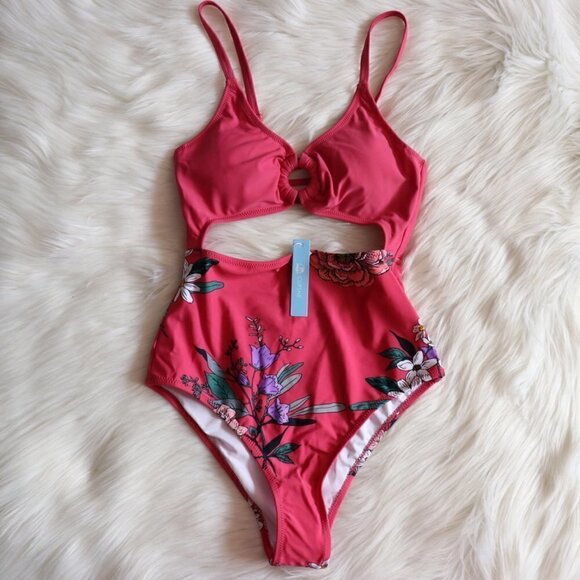 NEW Pink Floral O-Ring Cut Out One Piece Bathing Suit Swimwear Size Small - Picture 3 of 9